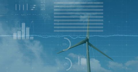 Wind Turbine with Digital Data Visualizations on Blue Sky Background
