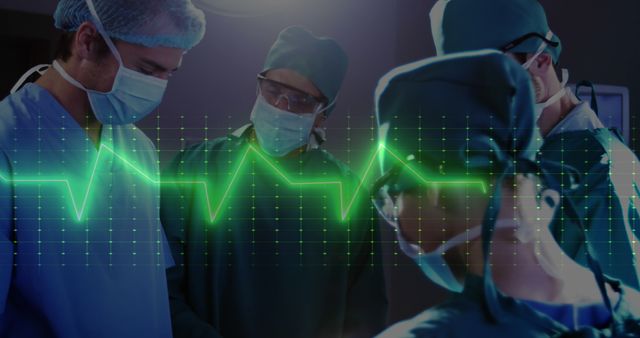Image of neon heart rate over diverse surgeons during operation. Health and medicine concept digitally generated image.