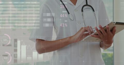 Female Doctor Using Tablet with Financial Data Overlay