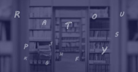 Illustration shows letters of the English alphabet appearing to float in front of bookshelves in a library, creating an abstract creative experience associated with education and knowledge hunting. Ideal for educational marketing materials, school websites, or promotional content explaining language learning or library competitions.