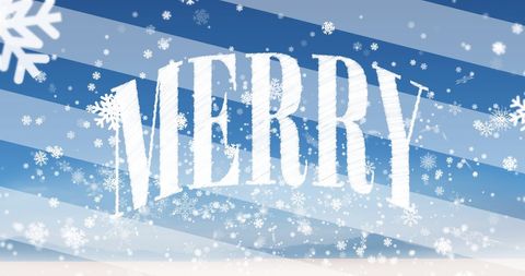 Festive Merry Text with Snowflakes on Blue Background