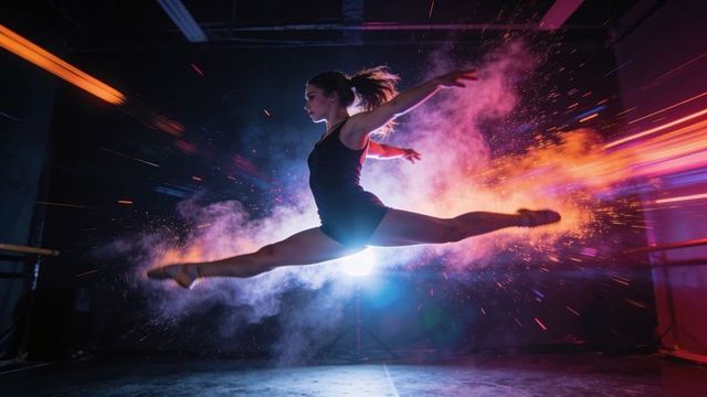 Leaping dancer performing grand jeté through colored powder and neon light trails in studio