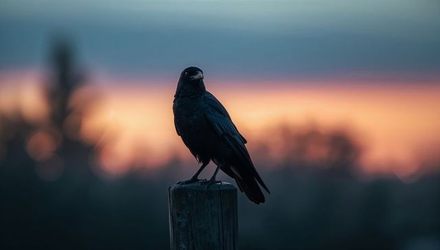 Majestic crow perched on post silhouette against dusk sky