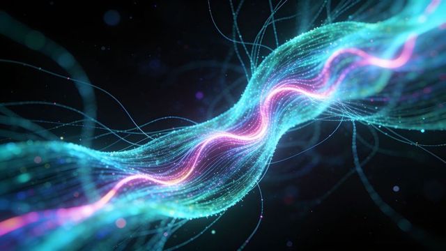 Flowing neon data stream glowing braided fiber-optic wave in digital void