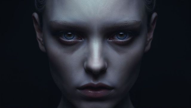 Moody Low-Key Closeup of Woman Staring with Intense Blue-Gray Eyes and Smoky Eye Makeup