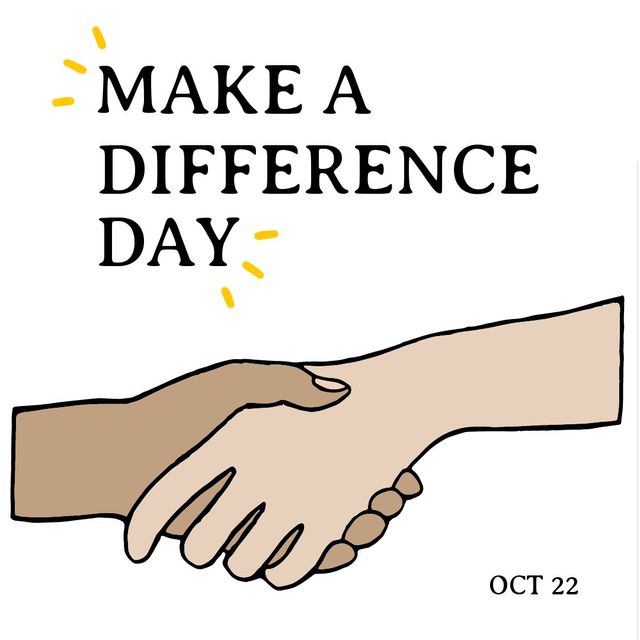Vector image of multiracial cropped shaking hands with make a difference day text, copy space. Illustration, helping others, celebration, community service, support, volunteering.