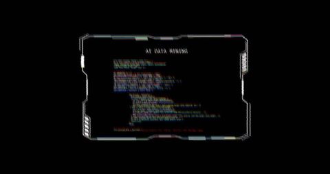 Glitched cyberpunk hud displaying ai data mining code with rgb scanlines and neon frame