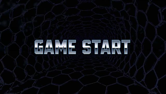 Futuristic game start text in digital tunnel with hexagonal mesh