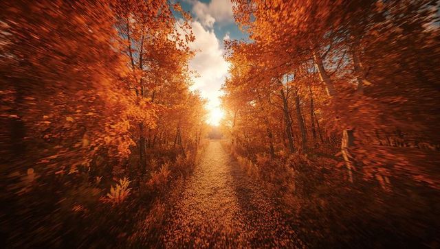 Golden Autumn Forest Path with Sunlight and Fallen Leaves