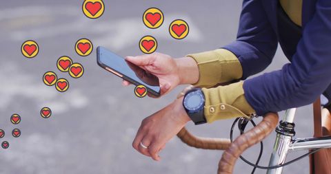 Woman on Bicycle Engaged with Smartphone and Social Media Hearts