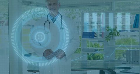 Doctor engaging with futuristic medical interface in modern office