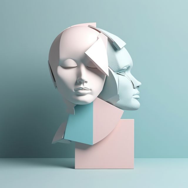 Two white and blue woman's face sculpture on blue background, created using generative ai technology. Art and modern abstract face sculpture design concept digitally generated image.