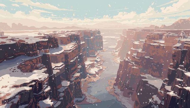 Snow-dusted canyon gorge with winding river carving layered cliffs in pale winter light