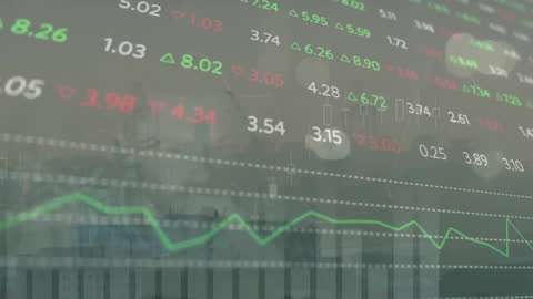 Financial Data Display with Dynamic Numbers Over Cityscape