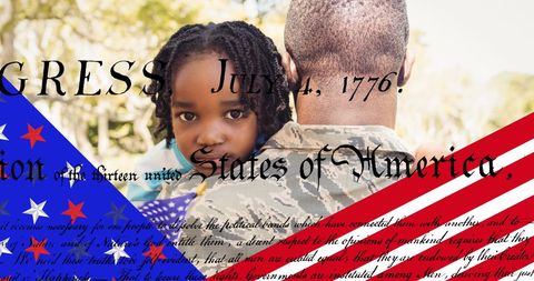 Patriotic Soldier Embraces Child with Declaration of Independence Overlay