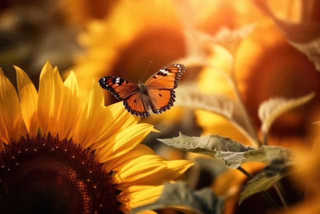 Orange butterfly resting on yellow sunflower; perfect for summer themes, nature, gardening, and pollination-related content; highly suitable for blogs, websites, and educational materials focusing on nature and environmental topics.