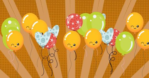 Cheerful balloons with faces and patterns over gold background
