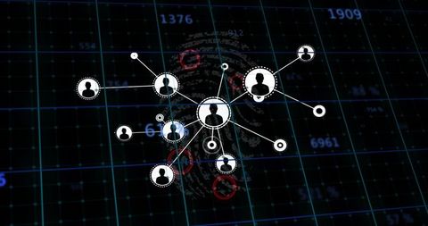 Connected network nodes over fingerprint grid visualizing cybersecurity identity mapping