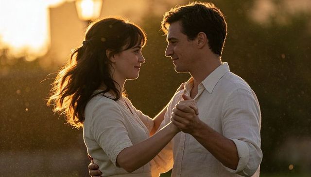 Couple dancing at sunset in park holding hands in warm backlight romantic golden hour