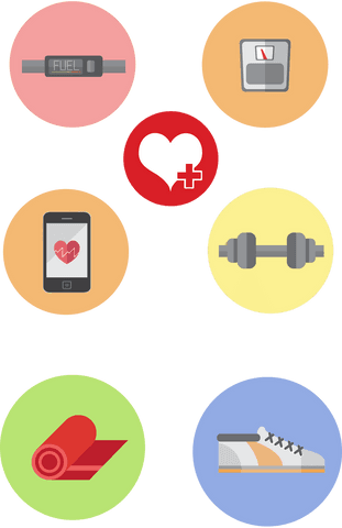 Colorful medical and fitness icons on transparent background