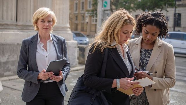 Three professional women collaborating outdoors with notebooks and tablet near city office