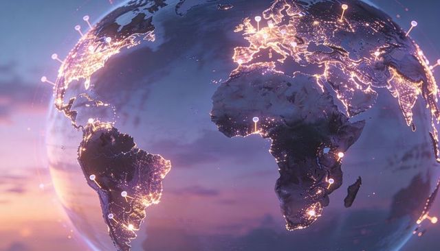 Rotating futuristic globe glowing with city lights, data paths and global network pins
