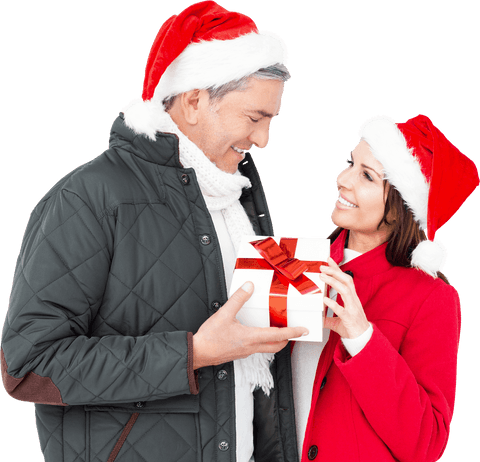 Cheerful Couple in Transparent Background with Gift and Santa Hats