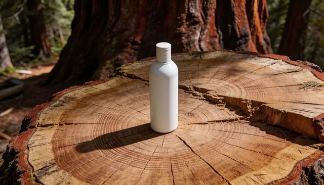 Minimalist white plastic bottle standing on sunlit tree stump in pine forest casting shadow