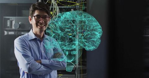 Technician Presenting Digital Brain Interface in High-Tech Server Room - Download Free Stock Images Pikwizard.com