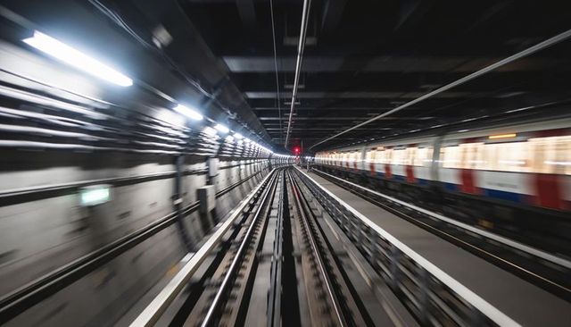 High-speed underground metro tunnel with converging tracks and motion blur perspective