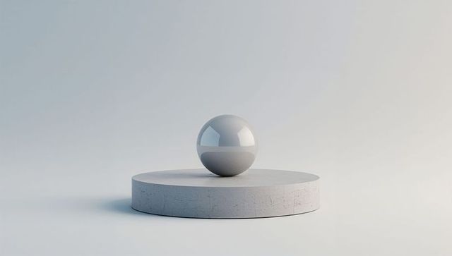 Glossy white sphere resting on concrete plinth minimalist monochrome studio mockup