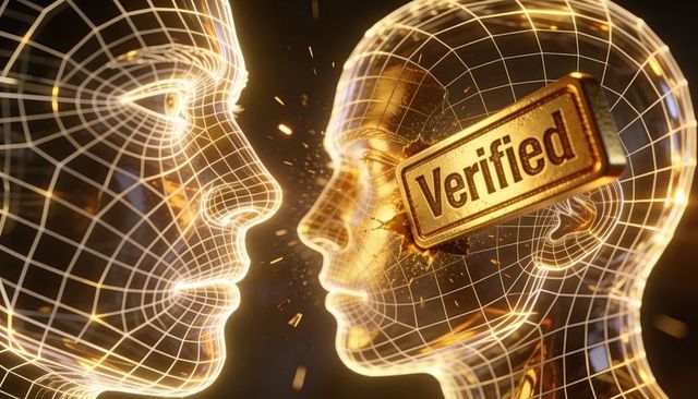 Golden wireframe faces connecting at nose with verified tag, ai identity trust concept