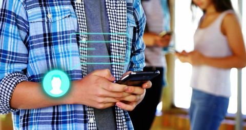 Teen texting on smartphone with turquoise user icon overlay in casual lounge