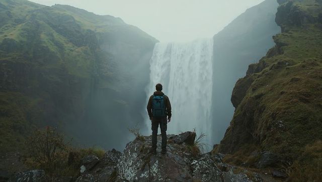 Hiker standing on rain-soaked cliff facing towering waterfall in misty gorge