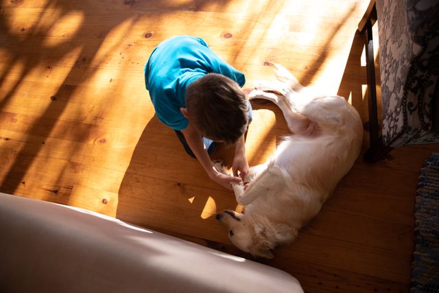 High angle view of a Caucasian boy at his home, touching paw of his lying dog on a floor in a sitting room.