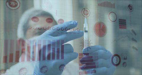 Doctor Prepares COVID-19 Vaccine with Digital Health Analytics Display