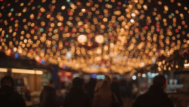 Walking silhouetted shoppers under warm bokeh lights in covered night market