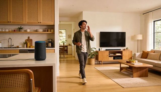 Man walking, speaking to smart speaker in warm midcentury living room