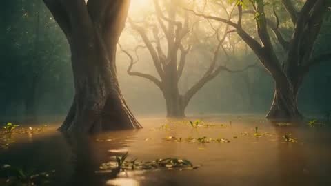 Sunbeams Illuminate Flooded Forest at Dawn