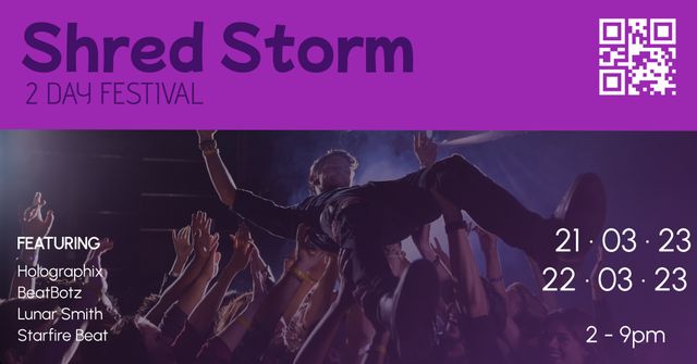 Dynamic image of a crowd surfer at Shred Storm music festival. Ideal for promoting music events, concerts, festivals, or live performances. Perfect for advertisements, social media banners, or event flyers aiming to capture the energy and excitement of a live audience.
