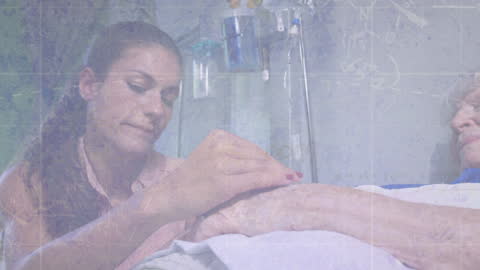 Carer Assisting Patient in Hospital Setting with Overlaid Data Graphics