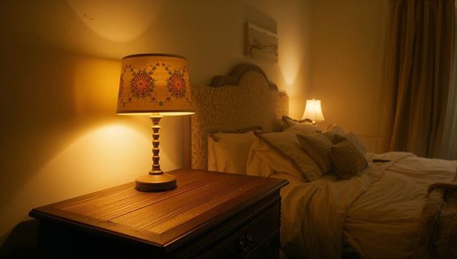 Decorative lamp illuminating cozy bedroom with soft ambiance