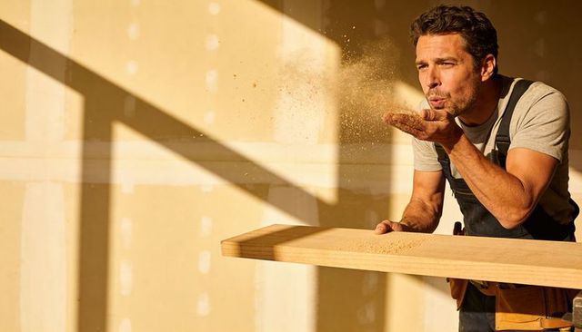 Carpenter blowing sawdust from sanded plank in sunlit workshop with dramatic shadows