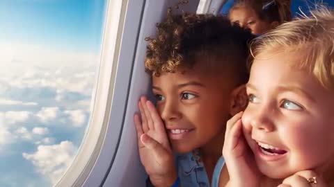 Children gazing out airplane window at clouds during daytime flight, joyful discovery