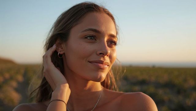 Gazing young woman tilting head toward sunset over vineyard golden hour portrait sunlit