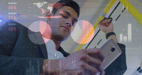 Businessman analyzing financial data on smartphone during commute