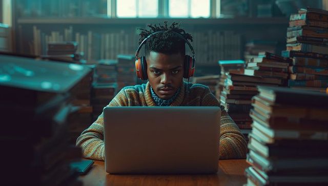 Focused Student with Headphones Using Laptop in Library