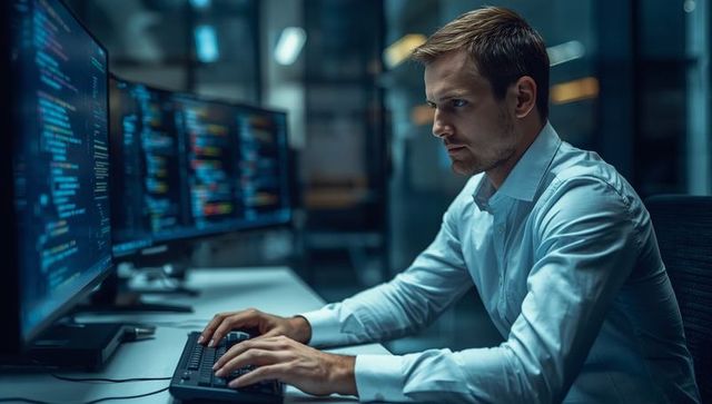 Focused developer typing code in modern tech office