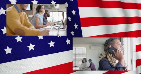 Diverse professionals engaged against american flag backdrop