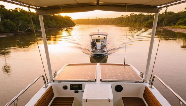 Sunset river cruise on solar-powered yacht cruising toward tender, creating v-shaped wake